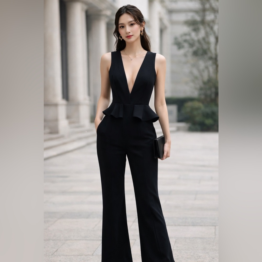 Black Jumpsuit with deep plunge V neck and Peplum design